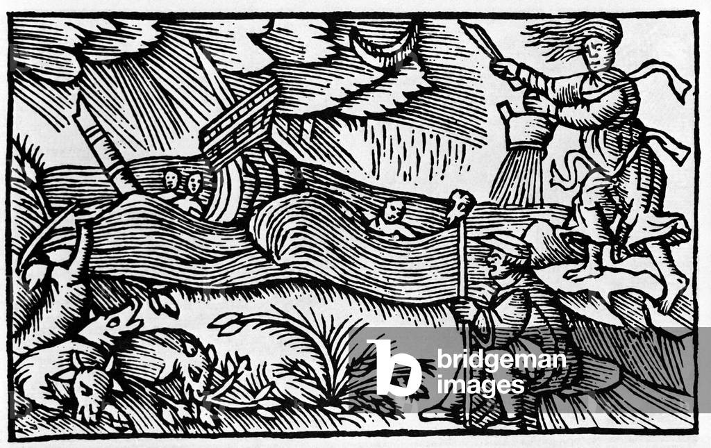 A witch causes a storm after “Historia de gentis nortentrionalibu” s by Olaus Magnus, Rome 1555