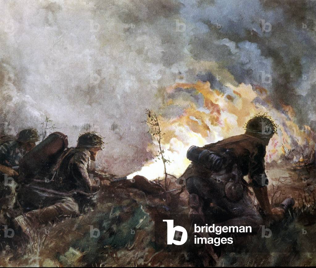 War 39-45: Soldiers on the front use the flamethrower.
