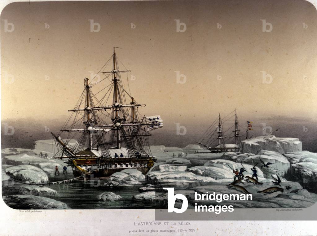 L'Astrolabe (new name of the “Shell”) and the Zelee, boats by Jules Dumont d'Urville, caught in the Antarctic ice, February 6, 1838 - Lithography, 19th century