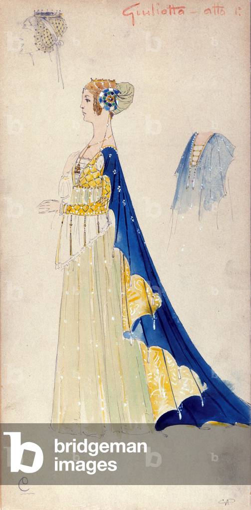 Costume draws watercolor by Giuseppe Palanti (1881-1946) for the character of Juliet for the ballet “” Romeo and Juliet”” by Piotr or Petr Ilyich Tchaikovsky (or Tchaikovsky or Ciajkovskij or Tchaikowsky, 1840 - 1893) representing the Teatro alla Scala in Milan