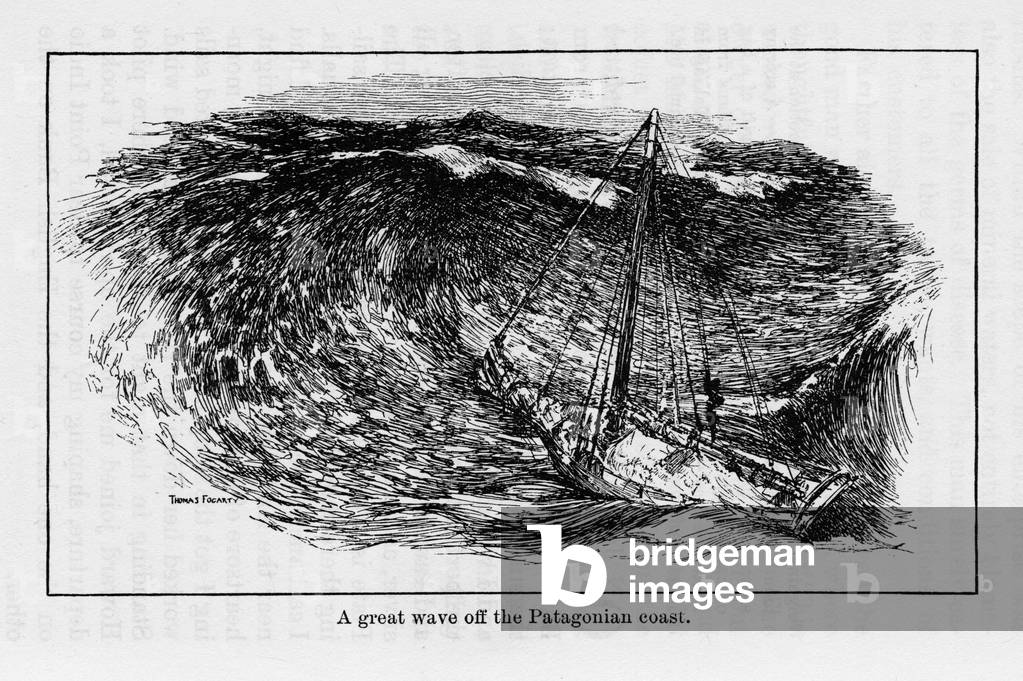 View of the “Spray”, a boat aboard which the American navigator Joshua SloCum (1844-1909) began his tour of the world in 1895, caught in a storm off Patagonia. Illustration by Thomas Fogarty (1873-1938)