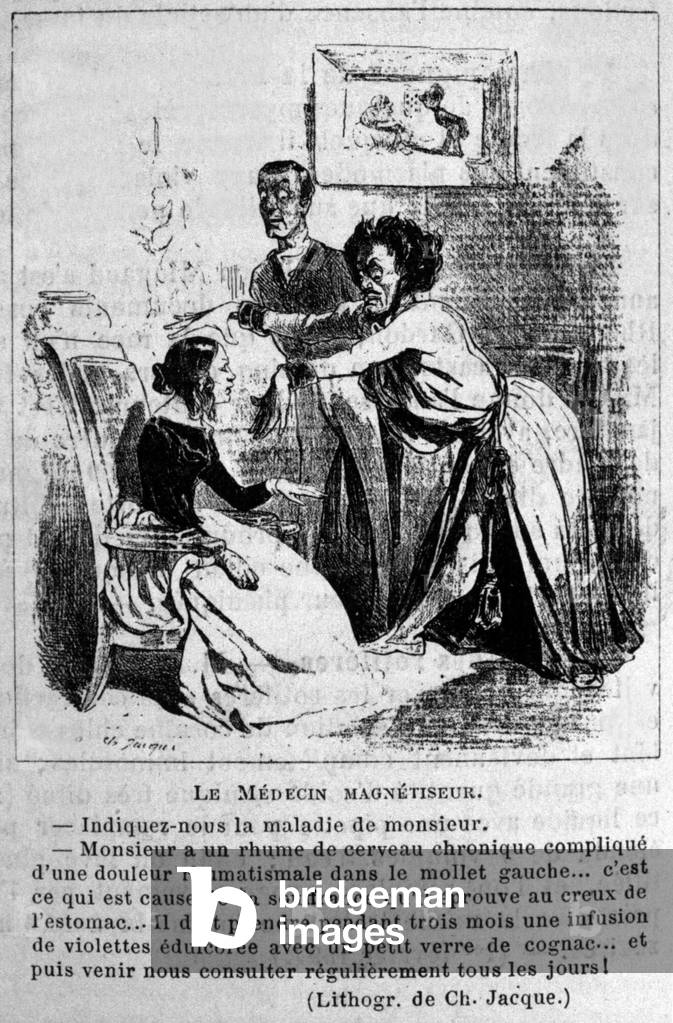 Charlatanism: satire about consulting hypnosis magnetizers to treat diseases. From a lithograph by Jacque. 19th century