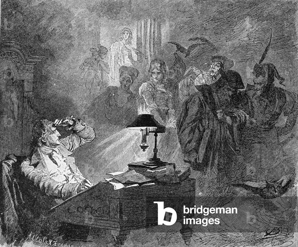 Portrait of Goethe surrounded by Faust characters Engraving