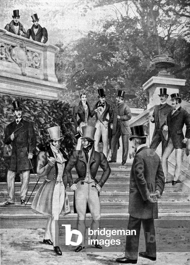 Men's fashion: elegant young with high-quality hats and cane in the park. 19th and 20th century
