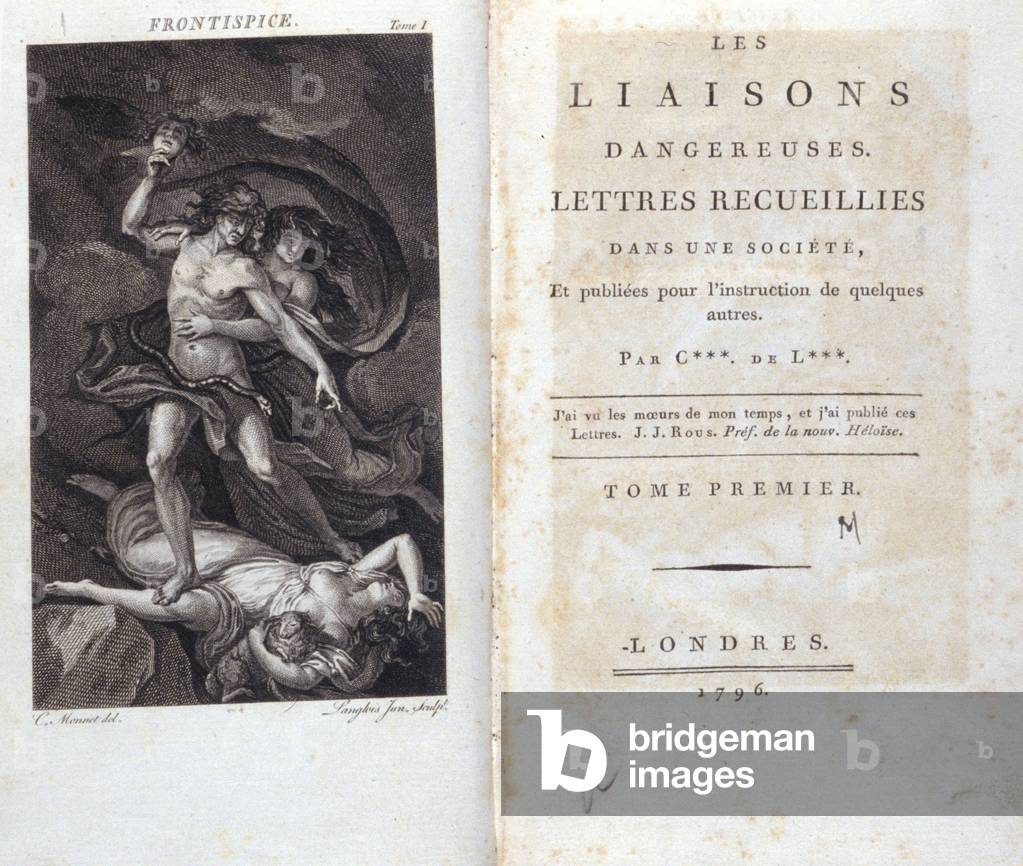 Frontispice und Titelblatt des Buches „Les Liaisons dangereuses““ von Choderlos de Laclos, London, 1796.