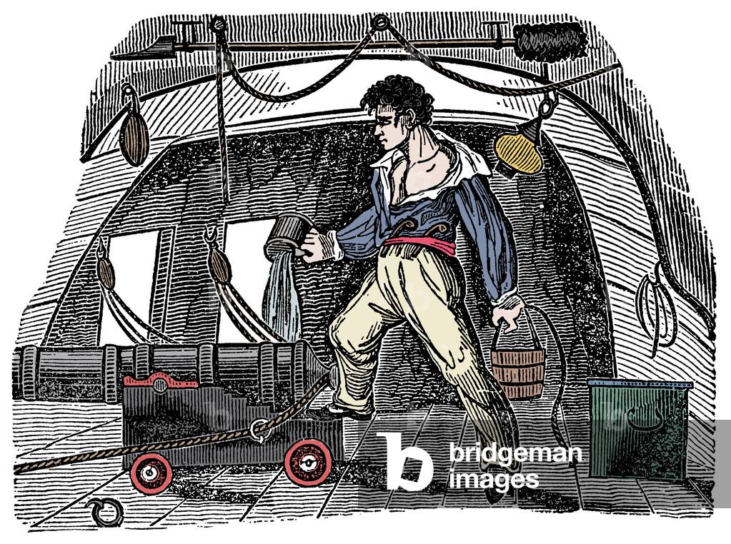 Sabotage: A sailor throwing water on gunpowder Engraving from Charles Ellms  “The Pirates Own Book”