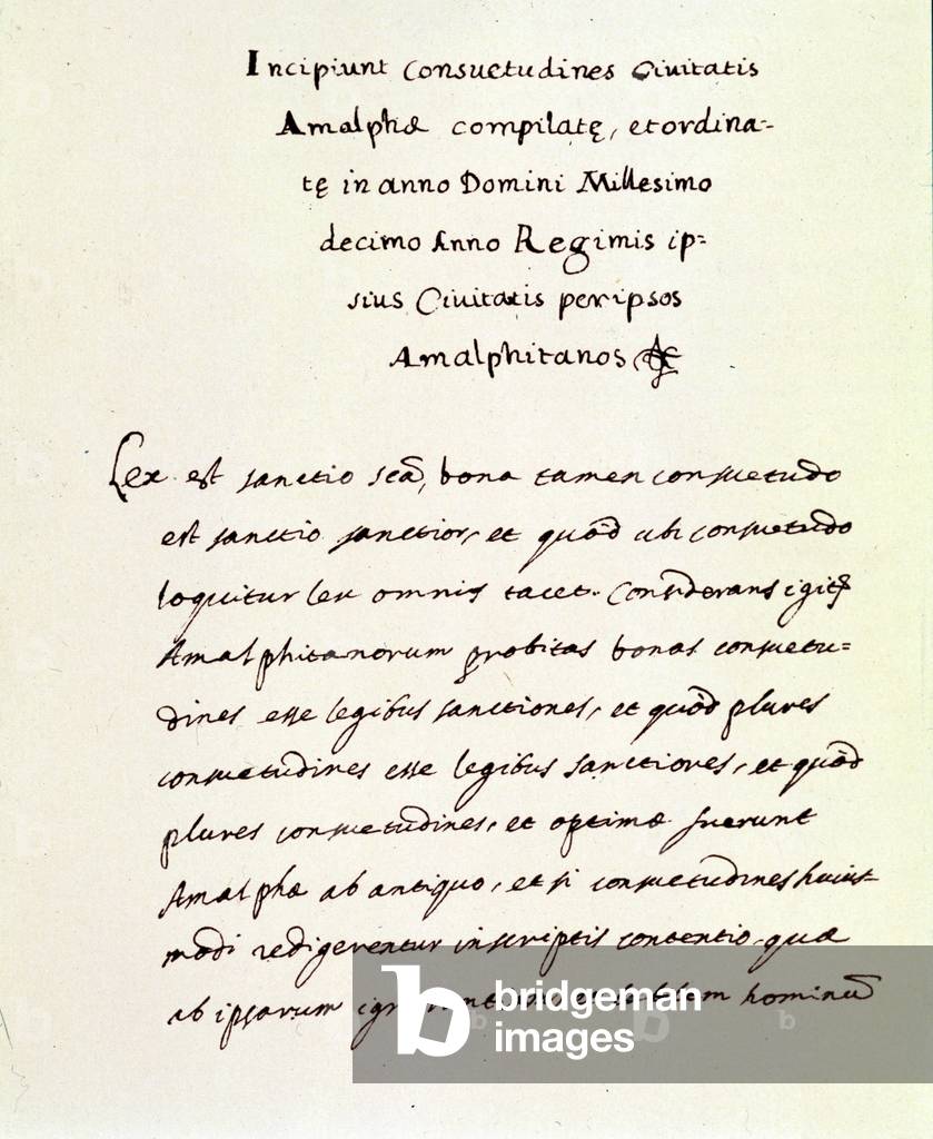 Manuscript page taken from the Amalfi Plates (Consuetudini amalfitane) of 1010. The city of Amalfi is the oldest of the Italian Maritime Republics: it is the origin of the Code of Maritime Law adopted in the Mediterranean countries under the name “Customs”. Copy of the manuscript of the Biblioteca Trivulziana of Milan.