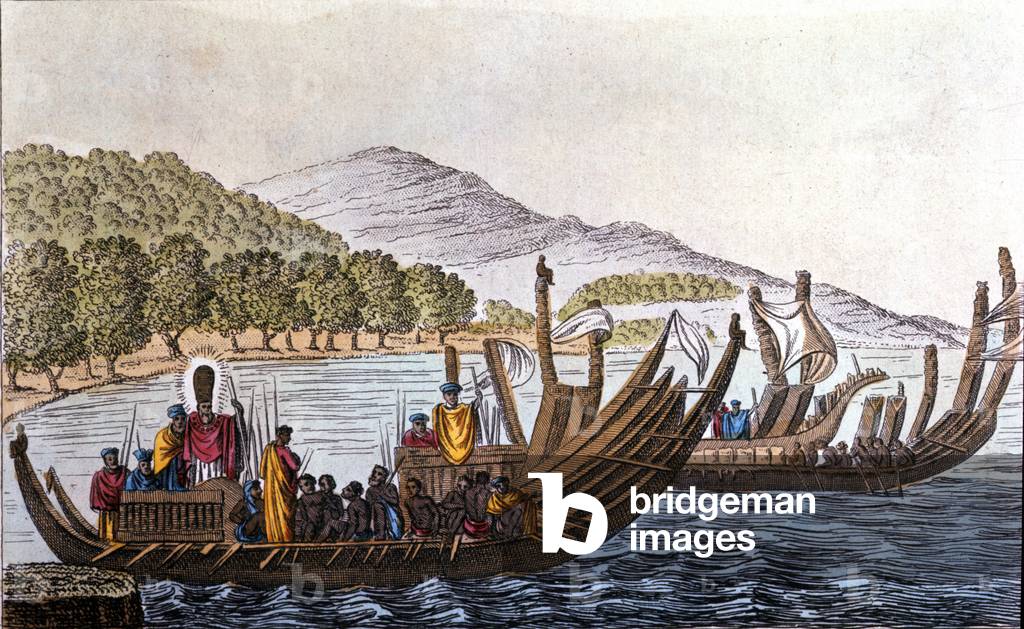 The department of Polynesians for the Pacific aboard double-hull canoes. Lithograph from the beginning of the 19th century