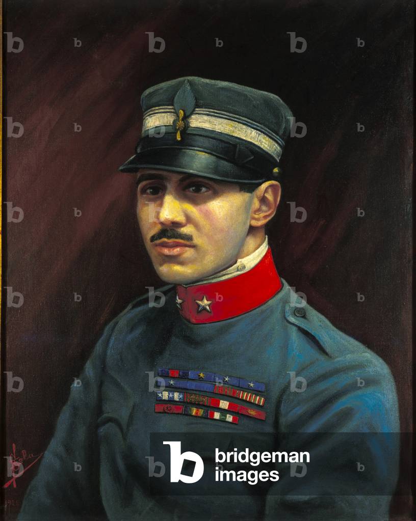 Portrait of Francesco Baracca (1888-1918), heros of the Italian Air Force who died in battle in 1918. Painting by F.Sala. Milanese .