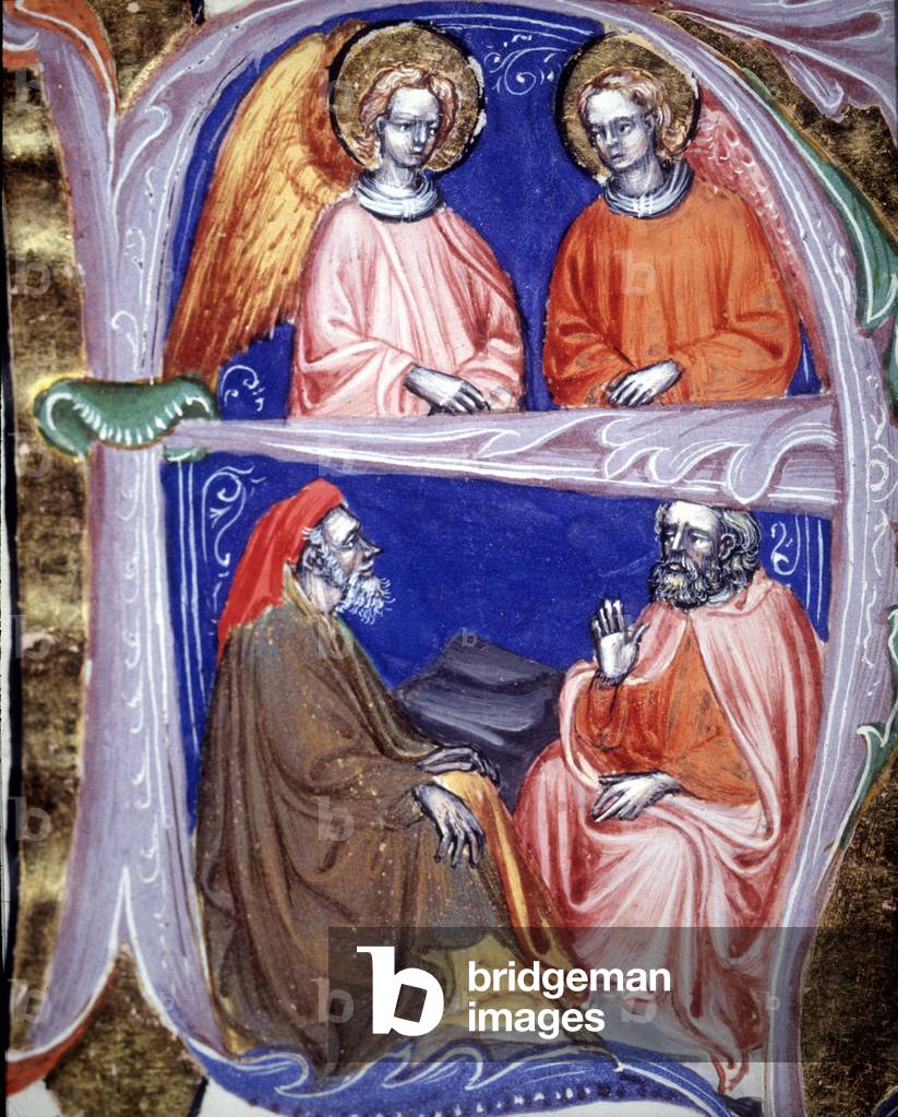 Lettrine representing angels and philosophers who discuss - in De civitate dei de St Augustine. 14th century manuscript. Municipal Bibl. of Rimini.