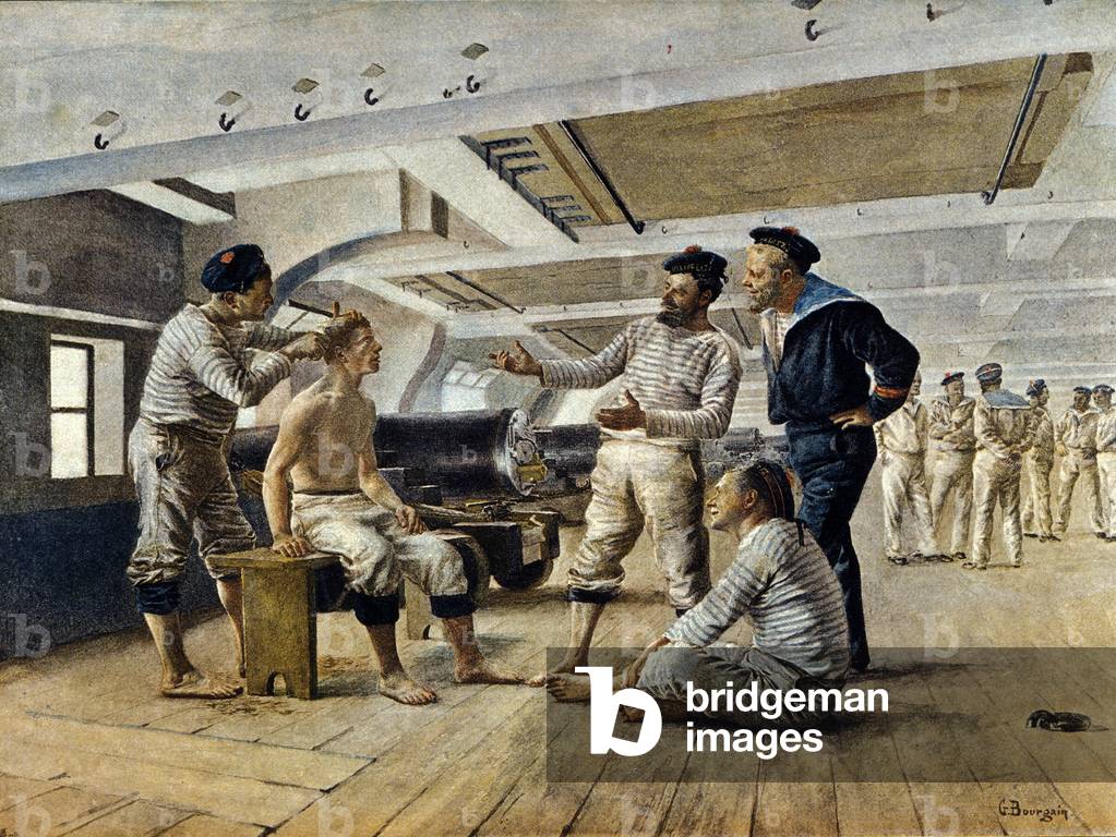 Image de Estampe représentant Vie à bord d'un navire de guerre français : le barbier rase les marins 1800 par 