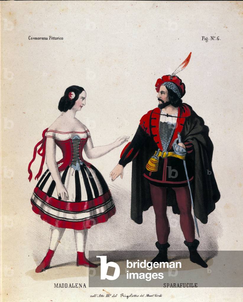 The characters of Maddalena and Sparafucile in Act III of the opera “” Rigoletto”” by composer Giuseppe Verdi (1813-1901), 1851