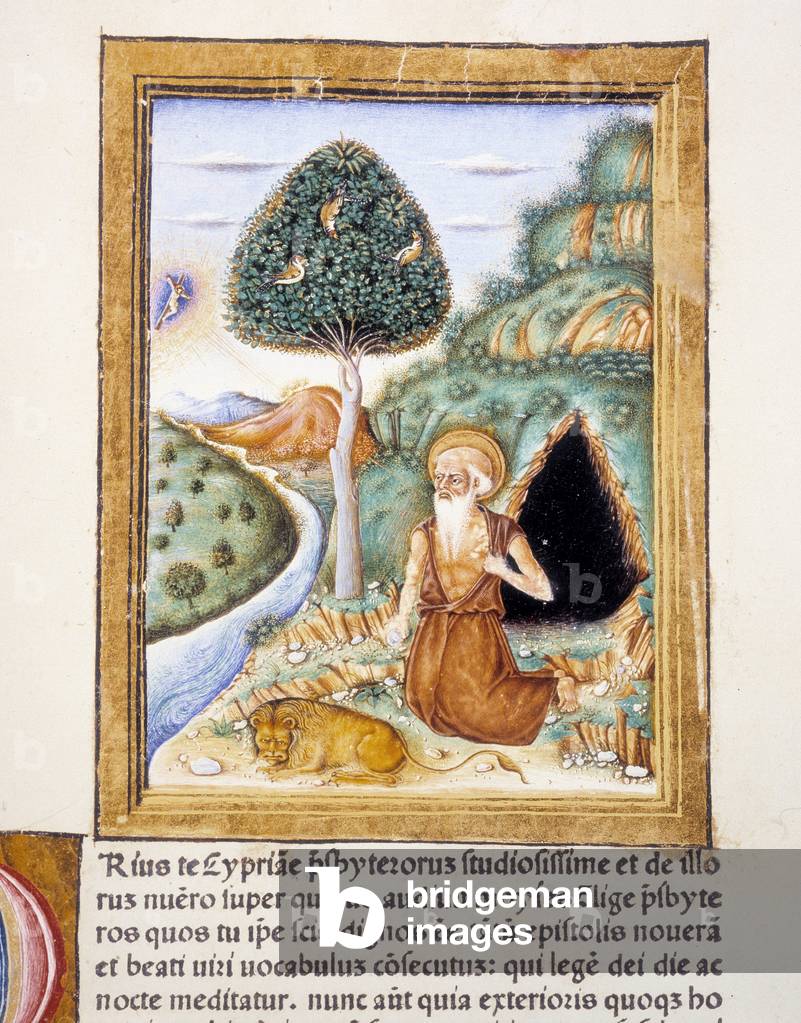 Saint Jerome - miniature, 15th century. Biblioteca comunale di Rimini.