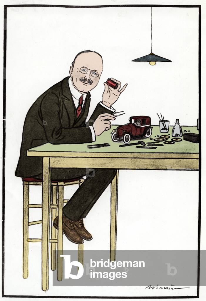 Andre Citroen making a model car; 1922 (illustration)