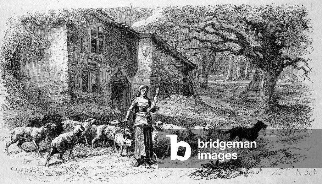 Representation of Joan of Arc when she was still a young shepherdess in Domremy. Engraving. 19th century