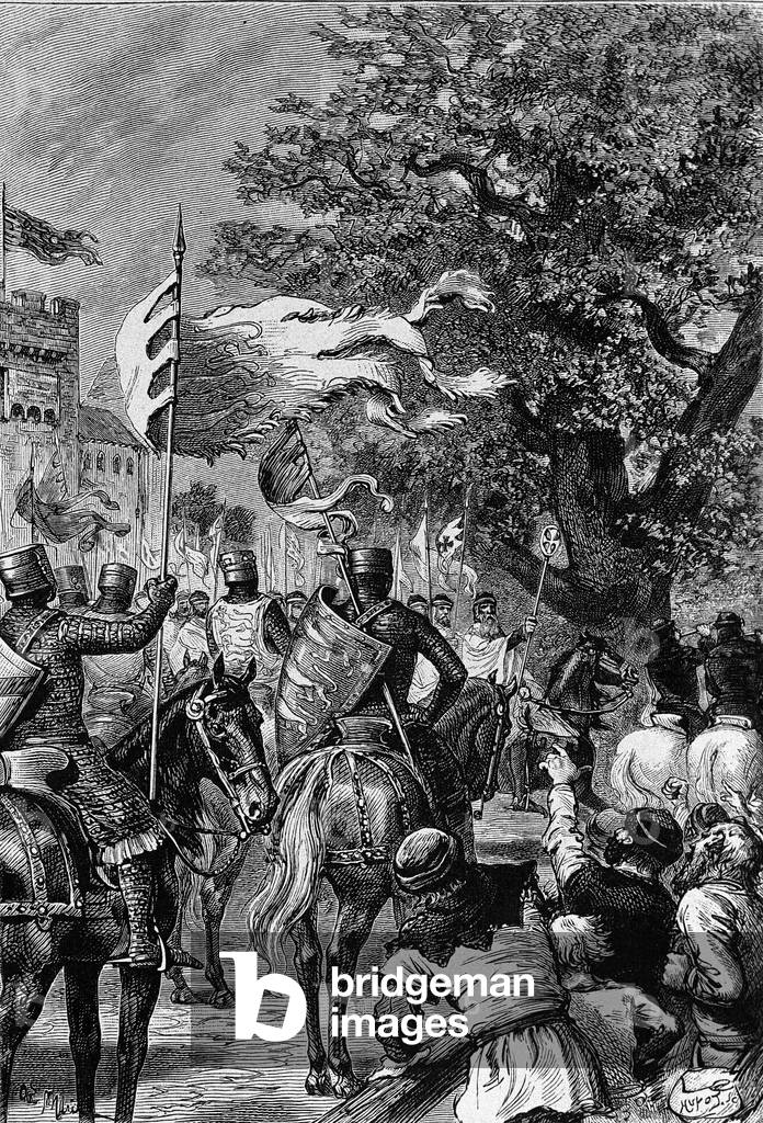 Illustration for “Ivanhoe” by Walter Scott (1771-1832), Scottish writer: depart of Templars in the presence of Richard Lion Heart.