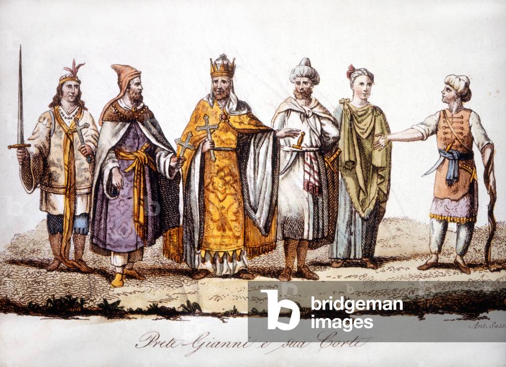 Pritre Jean and his court. Engraving sd early 19th century.