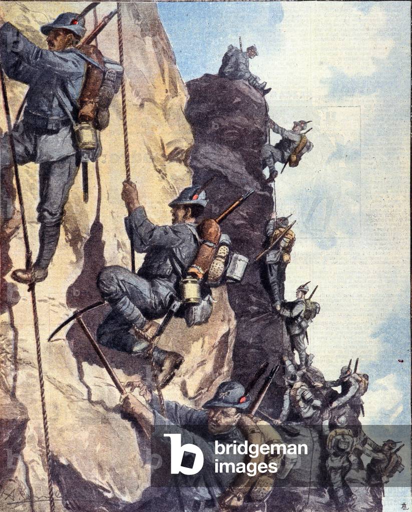 First World War: “” Italian alpine hunters (alpino or alpini) climbing a wall in the Italian Alps, 1915”” Illustration from “La domenica del corriere””