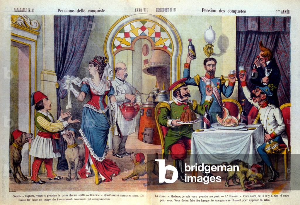 Cartoon of the Italian newspaper “” Le Parroquet”” (il Pappagallo) on the Berlin Congress (Congresso di Berlino) in 1878 (Diplomatic Conference). The Berlin congress was held to review Russia's injusticticence towards Turkey: Turks forced to accept the harsh conditions of the San Stefano trade (represented by marrow bones). The treaty was signed on March 3, 1878 in “” Il pappagallo”” N° 27 of 1879.