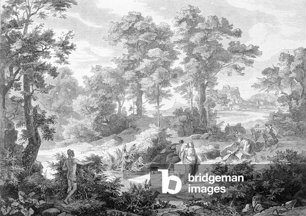 Meeting between Ulysses who was lying near a river and Nausicaa. Engraving from the end of the 19th century.