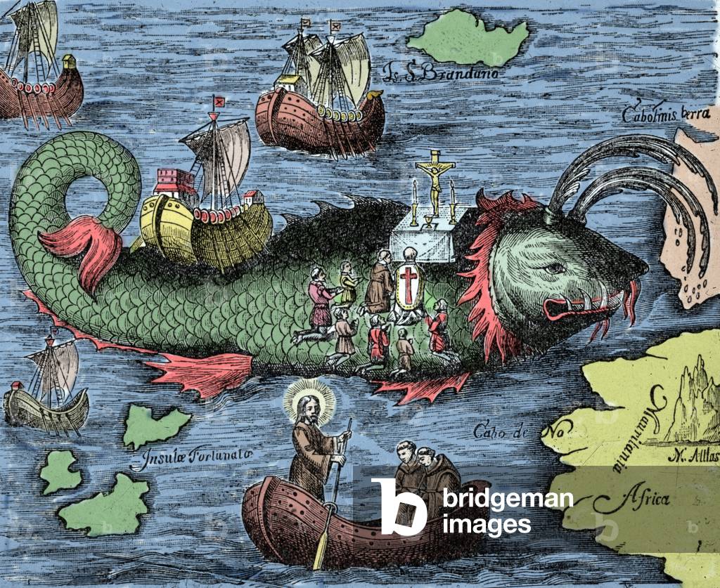 Saint Brendan (Brandan), heros and Irish saint of the 6th century, represents celebrating Mass on the back of the Giant Whale Jasconius. Legend says that his boat was carried on the back of a whale. Coloured engraving from “Nova Tipus Transacto Navigatio Novi Orbi” by Philoponus Honorius, 1621.