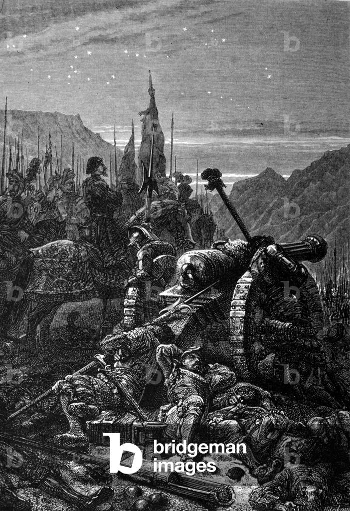 Francois I (1494 - 1547) remained in the saddle the night before the Battle of Marignan, September 1515. Engraving of the 19th century.