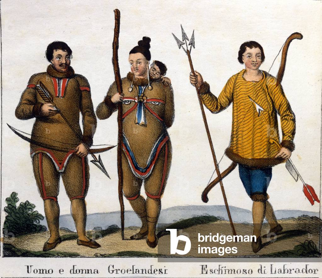 Costume. Left: Couple of Greenland Eskimos with their child. Right: Labrador Eskimo. Lithograph beginning of the 19th century