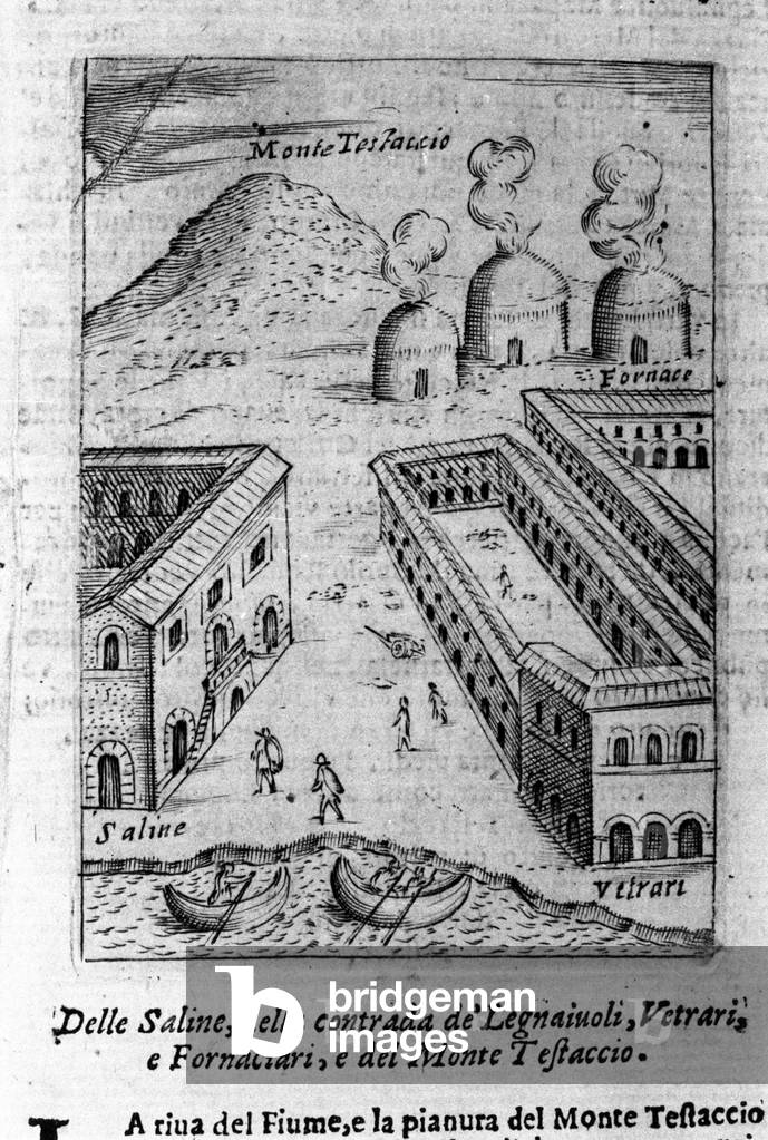 View of a saline, the neighborhood of woodsmen, glaziers and bakers near the Monte Testaccio in Rome. Engraving from “” Ritratto di Roma Antica”” by Filippo de Rossi. 1654