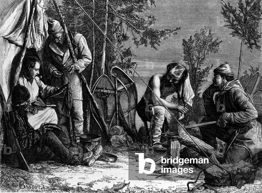 La vie des trappeurs (chasseurs professionnels) au Canada : Le camp. 1801 par Unknown Artist, b/w