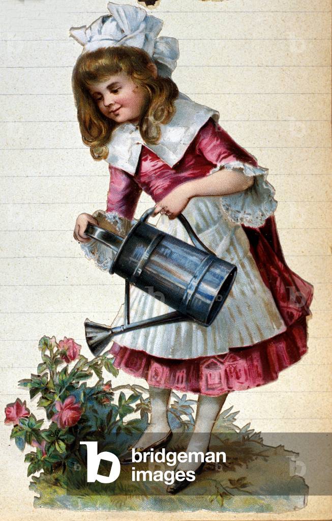 Little girl watering roses. 19th century chromolithography.