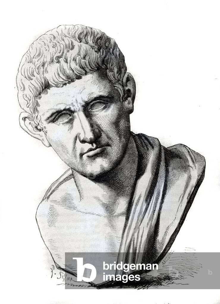 The philosopher Aristotle (384-322 BC) after a sculpture by Palazzo Spada in Rome. Engraving 19th century