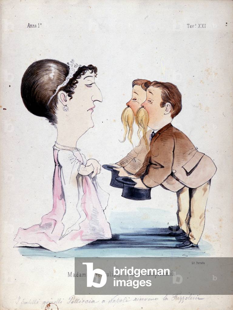 The twin brothers Pelliccia received Erminia Frezzolini, the Italian soprano (1818-1884). Cartoon from the 19th century.