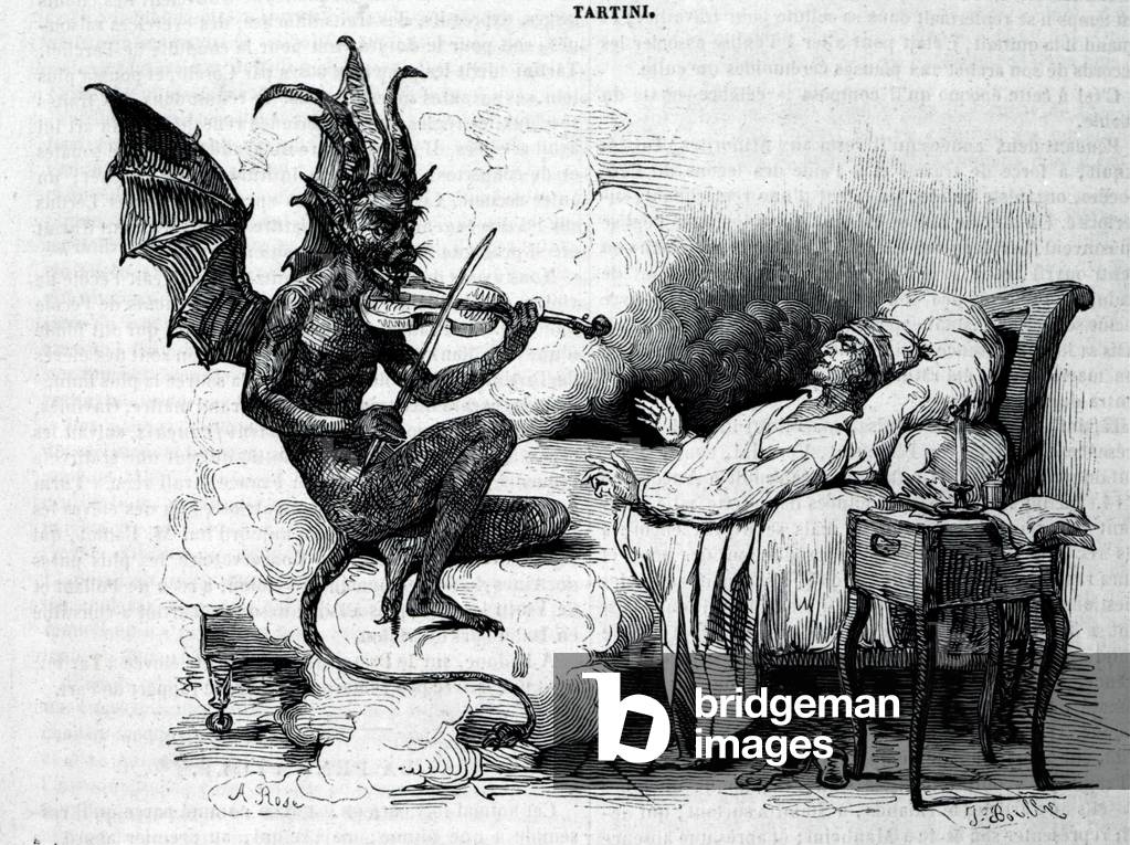 A Satyre playing the violin in front of Giuseppe Tartini (1692 - 1770), Italian composer, violinist and theorist. Engraving of the 19th century.