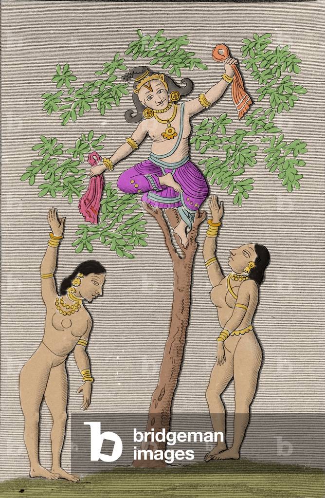 Krishna flying with two gopis. engraving in “” Ancient and Modern Monuments of Hindustan”” by L.M. Langles, Paris 1821.