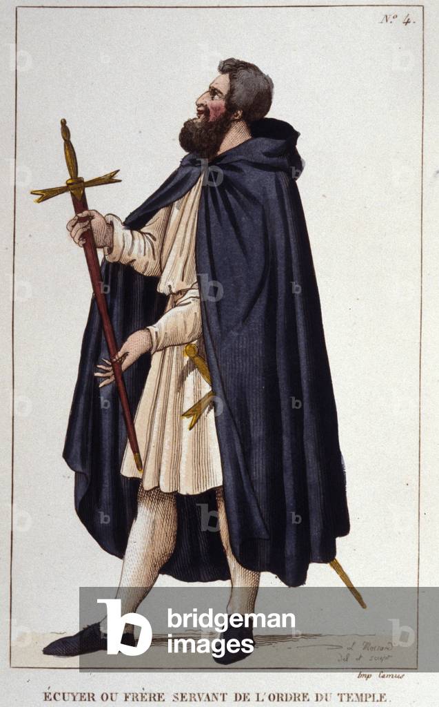 Squire or brother serving the order of the temple. engraving from 1830