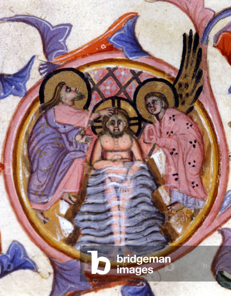 The baptism of Christ in the Jordan by Saint John the Baptist - after a miniature of a 14th century manuscript.