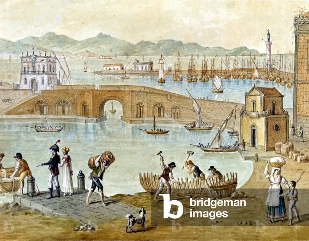 The port of Naples and Santa Lucia around 1800: travellers are preparing to leave and carpenters build a boat. Watercolour.