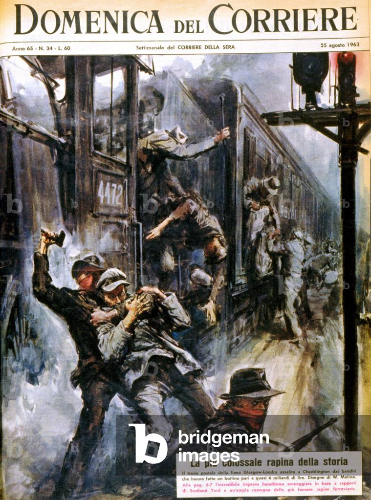 Glasgow - London train hold-up. The thieves attack the technician by forcing him to untie the postal cars containing valuable things and leave with the rest of the train. Illustration from a popular news weekly. Great Britain, 1963.