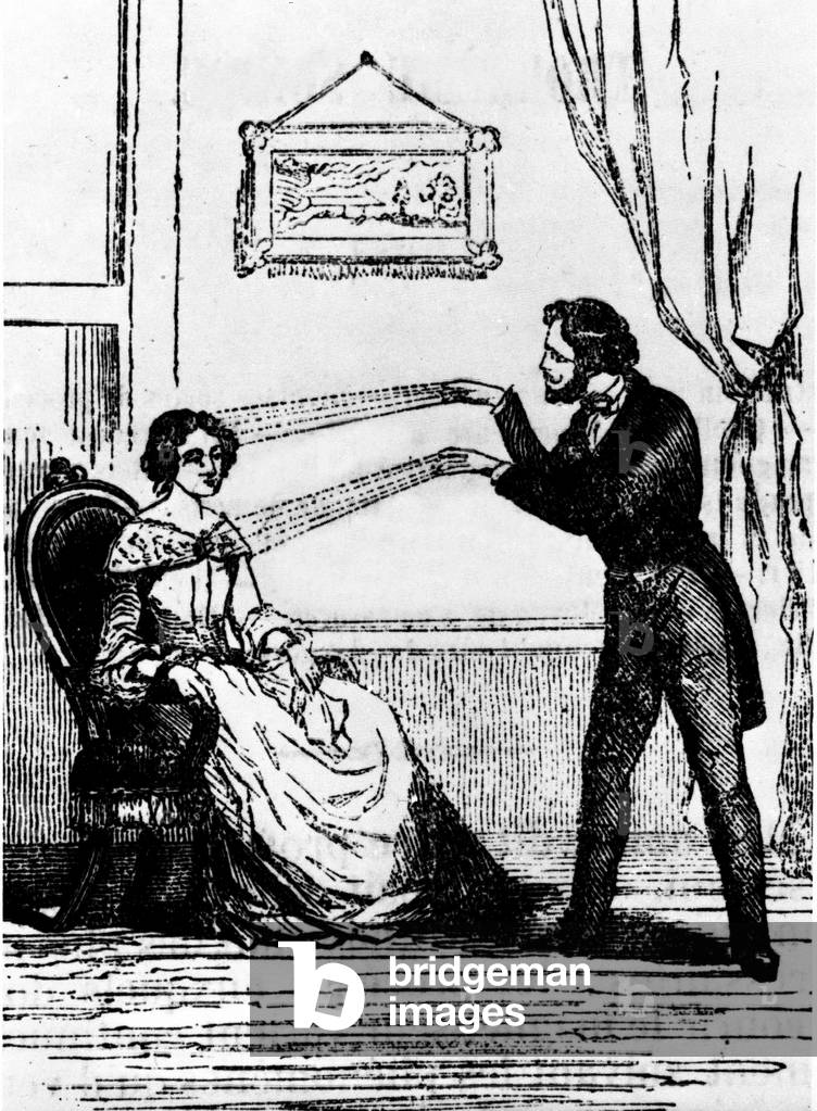 Experience of hypnosis. Engraving from 1890