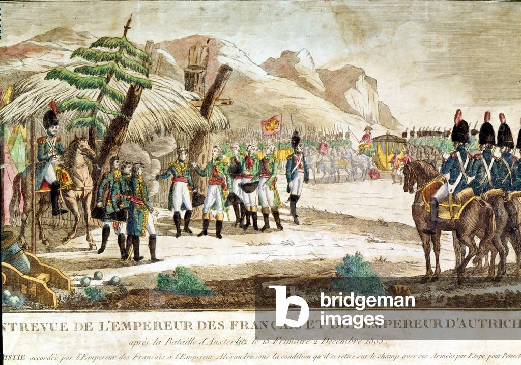 Meeting of Emperor Napoleon I and Emperor of Austria, Francois II (1768 - 1835) after the Battle of Austerlitz on 2/12/1805.