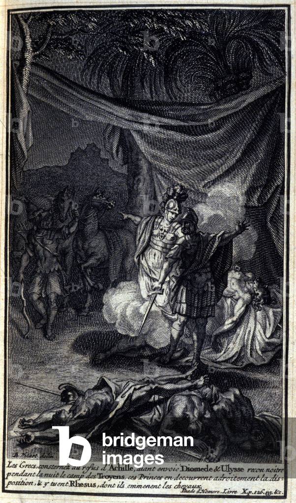 The Greeks, dismayed at Achilles's refusal, sent Diomede and Ulysses to recognize the Trojan camp during the night. These princes skillfully discovered the arrangement, they killed Rhesos and took the horses. Illustration of book X of the Iliad of Homere, French edition, 1751.