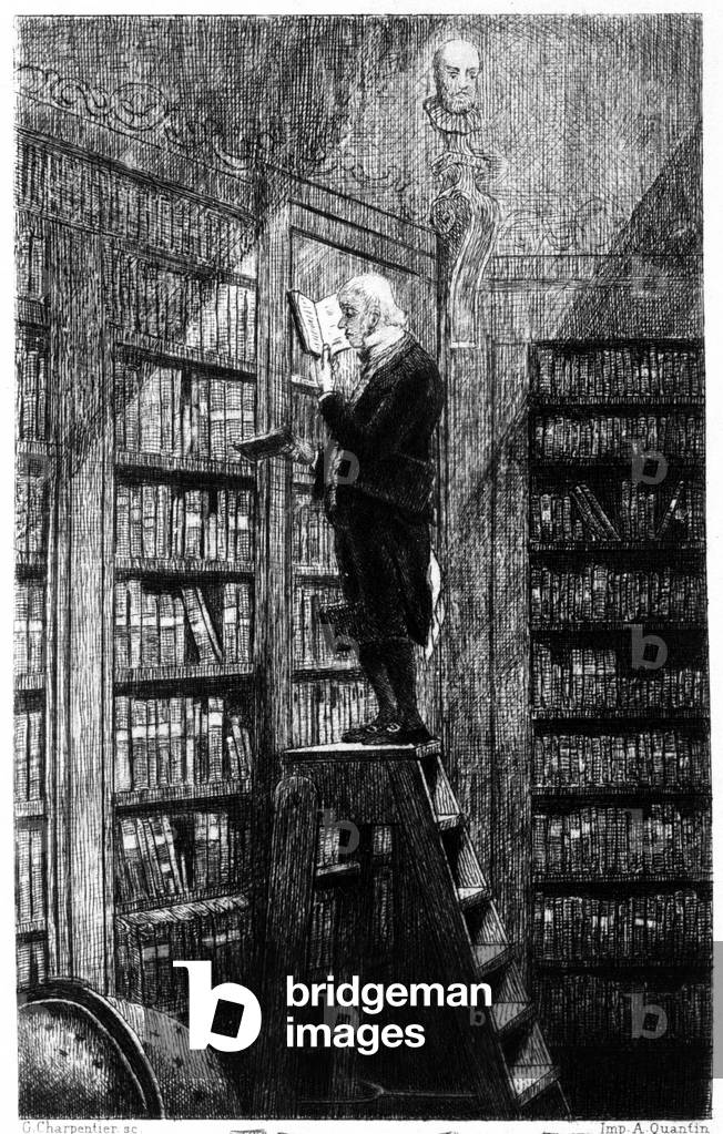 A blibliothecaire on his ladder examining books on shelving. Engraving of the 19th century