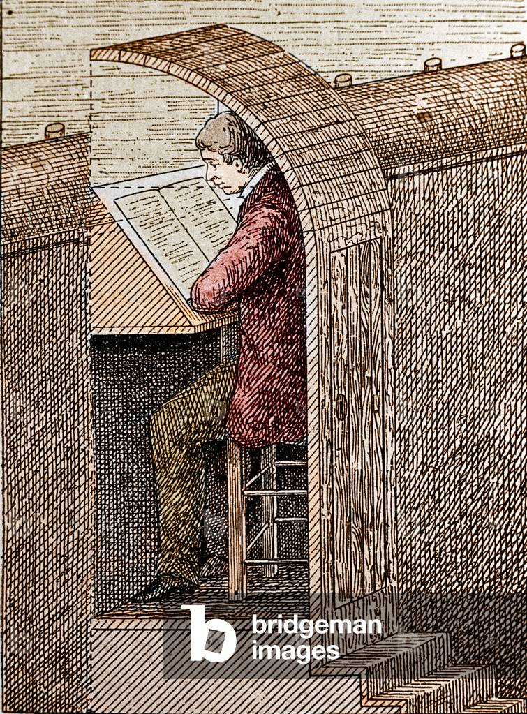 The blower in his hole. A theatre blower helps comedians remember their text when they're on stage. Here he is depicted in his “hole” an opening practiced on the front of the scene away from the eyes of the public. Engraving of the 19th century.