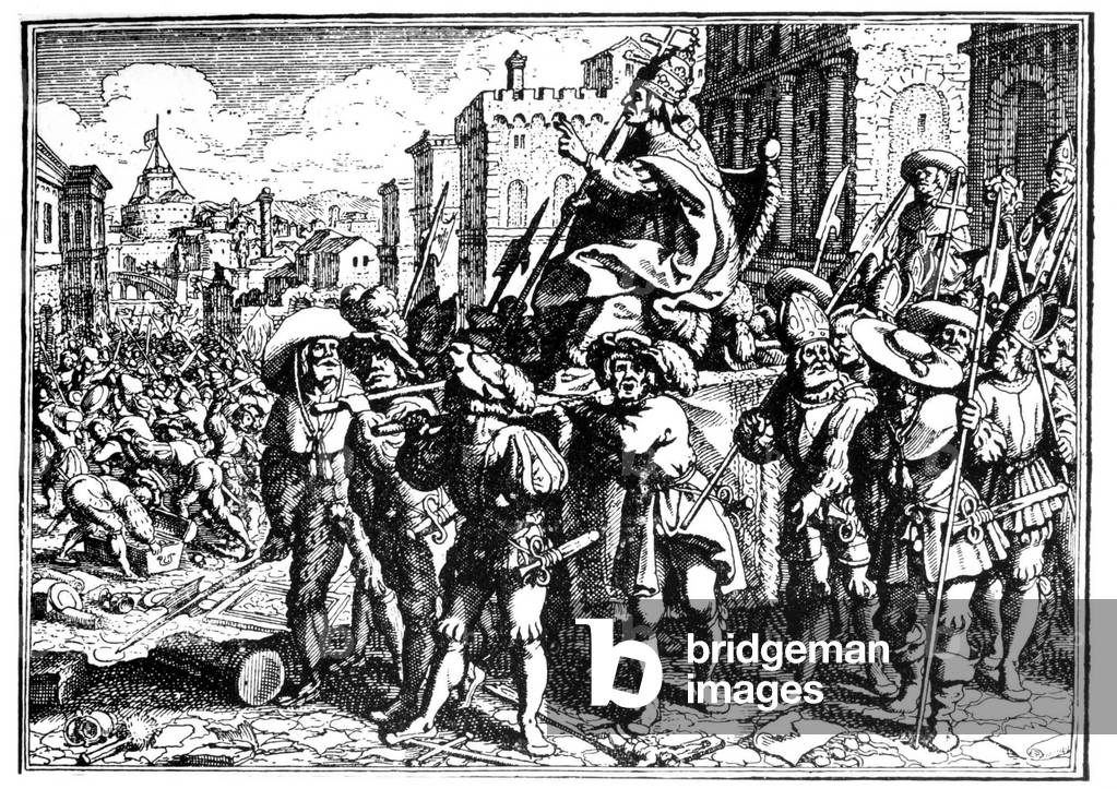 Cartoon about Pope Innocent I during the invasion and looting of Rome by Alaric I, King of the Visigoths, in 410 (Sac of Rome). Engraving - in “” The Chronicle of Goffredo””.