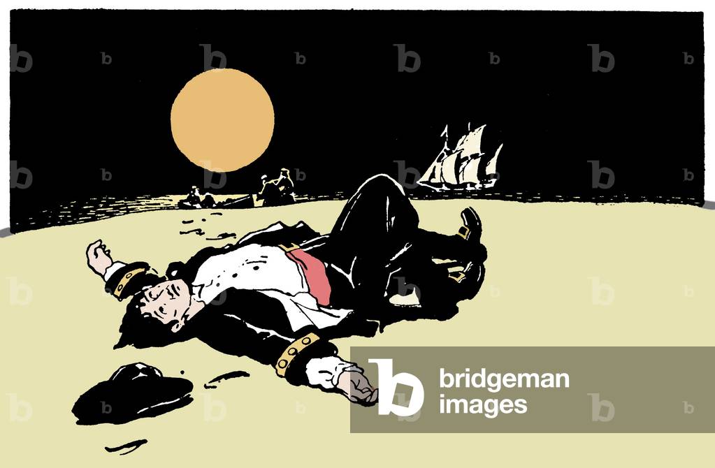 A captain killed by pirates is abandoned on an island, the pirate ship moves away on the horizon Illustration from “The Boys Books of Pirates”” 1913