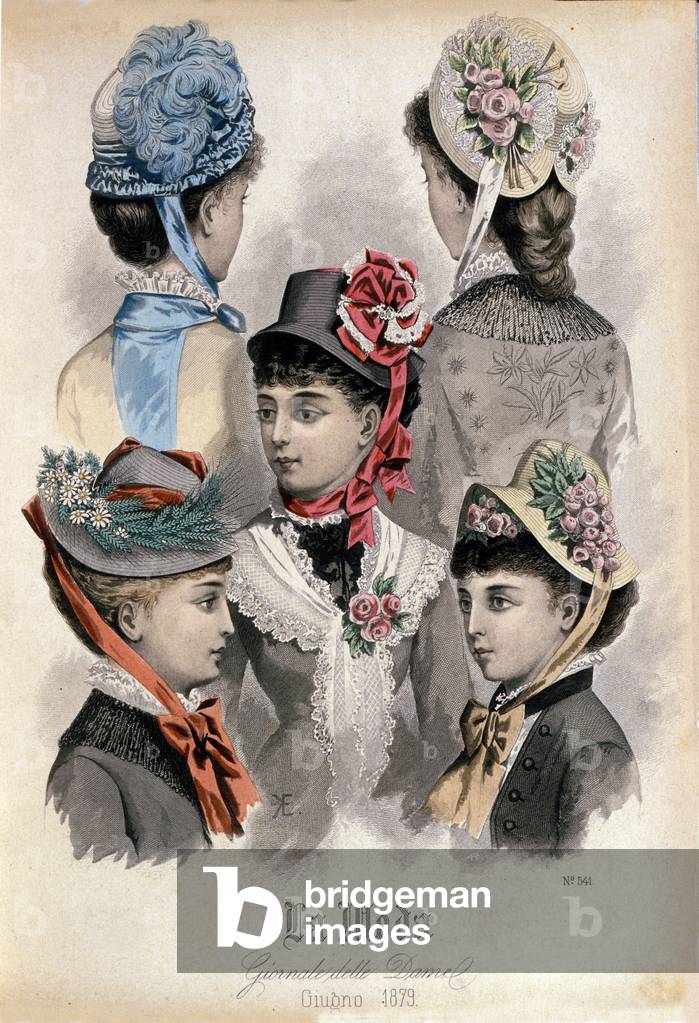 Fashion of the end of the 19th century: different models of women's hats, 1879.