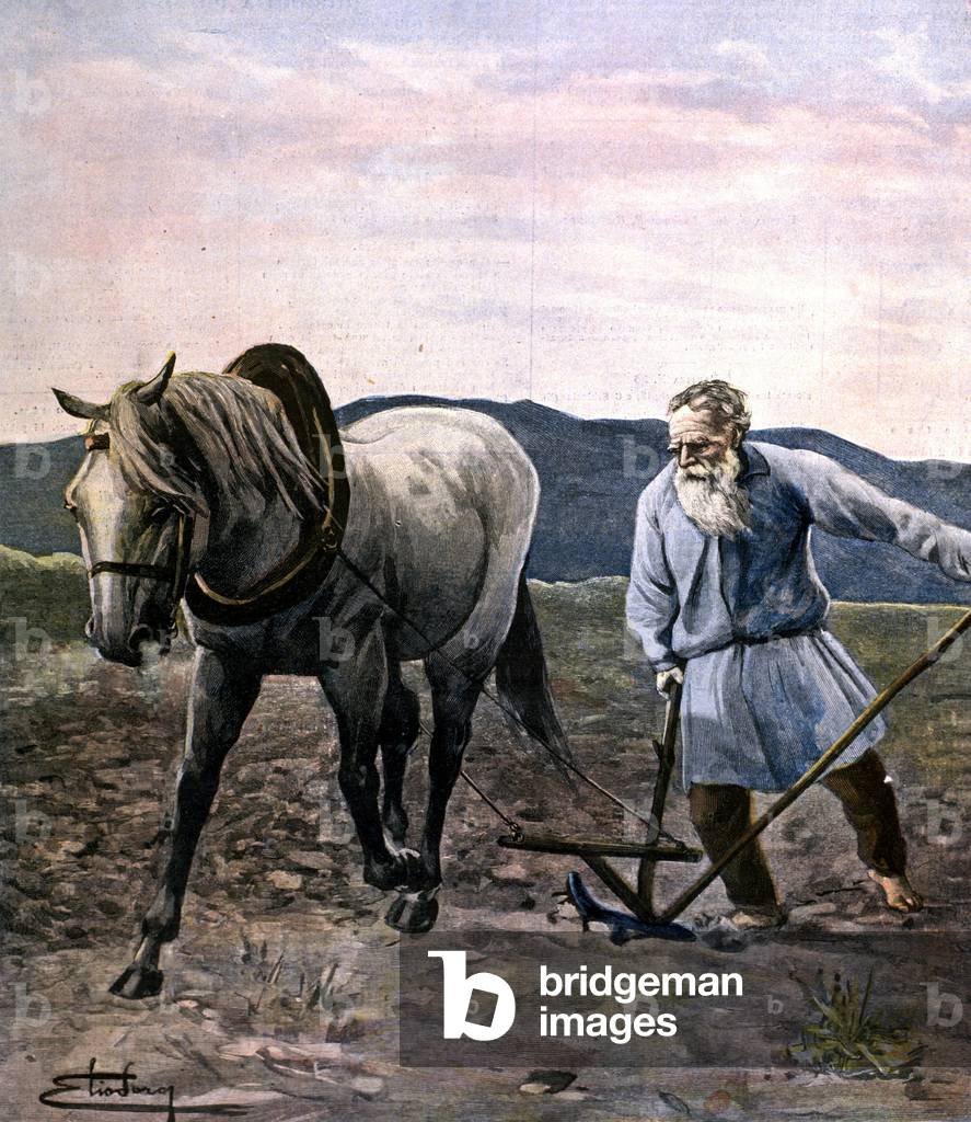Tolstoy plowing. Engraving late 19th century.
