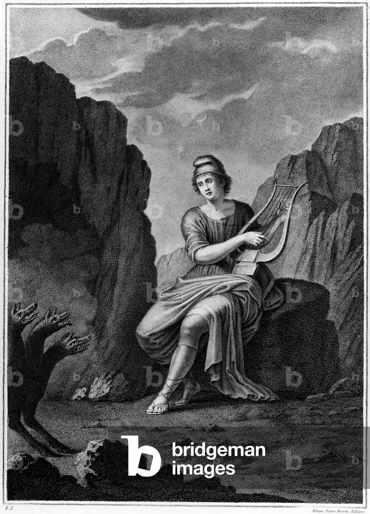 Orpheus at the Entrance of the Underworld meets Cerberus. Lithography. 19th century