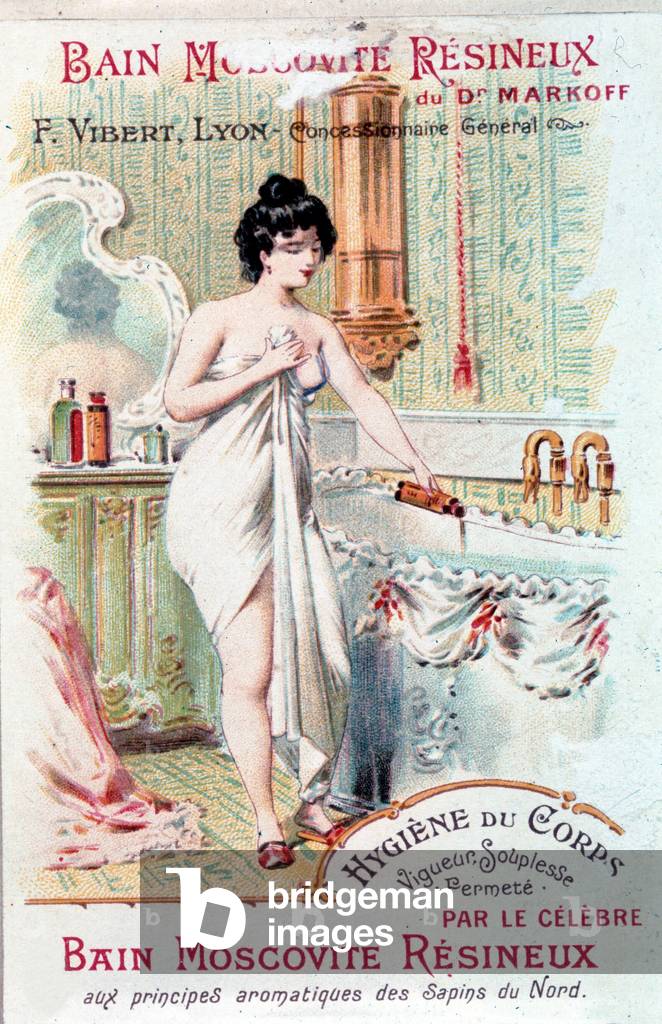 Advertising for the Muscovite Resineux bath, for the hygiene of the body: a young woman poured a bath oil into her bathtub. 1890.