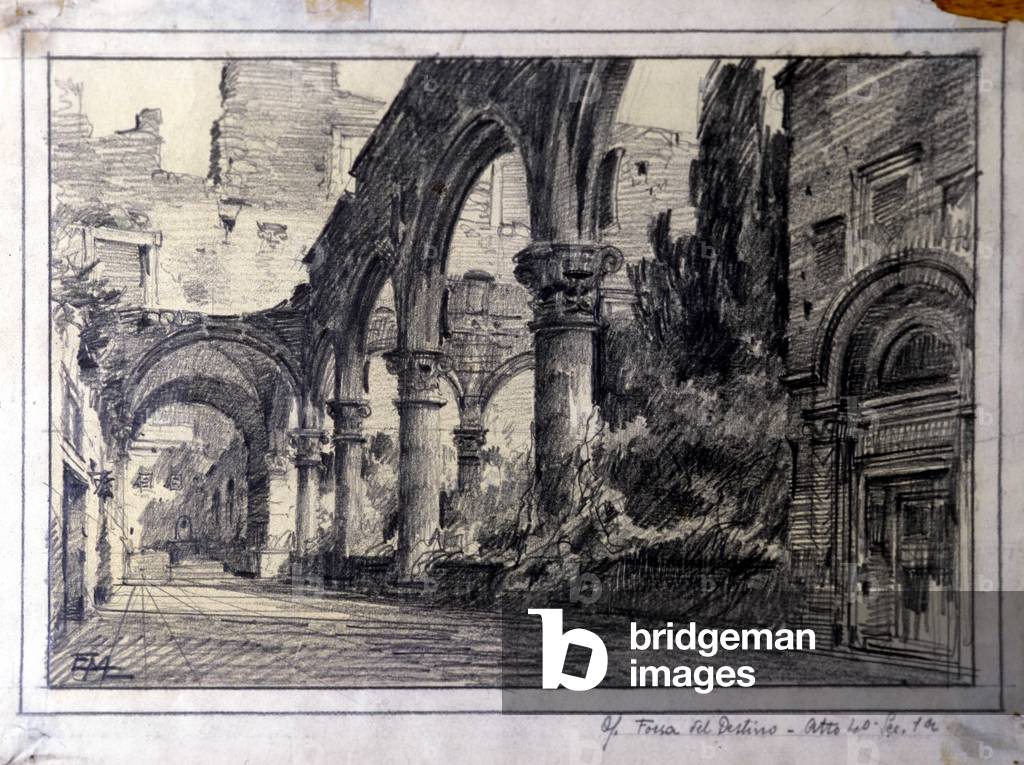 Scenography of Edoardo Marchioro (1882-1935) for scene 1 of Act IV opera “La forza del destino” (The force of destino) by composer Giuseppe Verdi (1813-1901) for the performance at the Teatro alla Scala (theatre of la Scala in Milan, years 1920)
